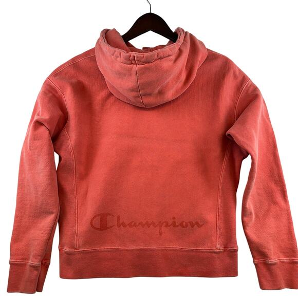 VTG Champion Coral Unisex Hoodie Sz Medium Heavyweight Stonewash Logo spellout - Picture 2 of 11